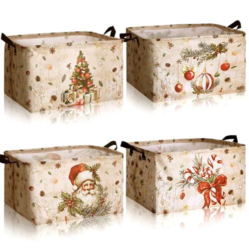Bulyoou 4 Pack Christmas Storage Bin Collapsible Large Christmas Storage Baskets for Gifts Xmas Tree Canvas Laundry Basket Foldable Box with Handle for Office Home Bedroom Clothes Toys Holiday Decor