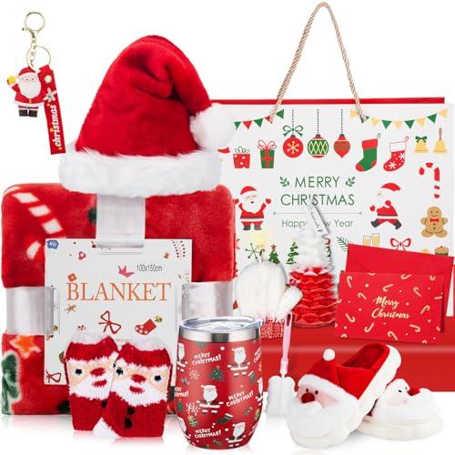 Patelai 10 Pcs Christmas Gifts Merry Christmas Gift Basket Set Xmas Hat 12 oz Tumbler Gift Bag Blanket Slippers Socks Candles Keychain Greeting Card for Women Wife Coworkers Friend Teacher