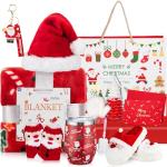 Patelai 10 Pcs Christmas Gifts Merry Christmas Gift Basket Set Xmas Hat 12 oz Tumbler Gift Bag Blanket Slippers Socks Candles Keychain Greeting Card for Women Wife Coworkers Friend Teacher