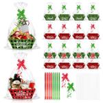 CIEOVO 24 Set Christmas Party Baskets with Cellophane, Bows, Market Tray for Christmas Xmas Holiday Party Decor