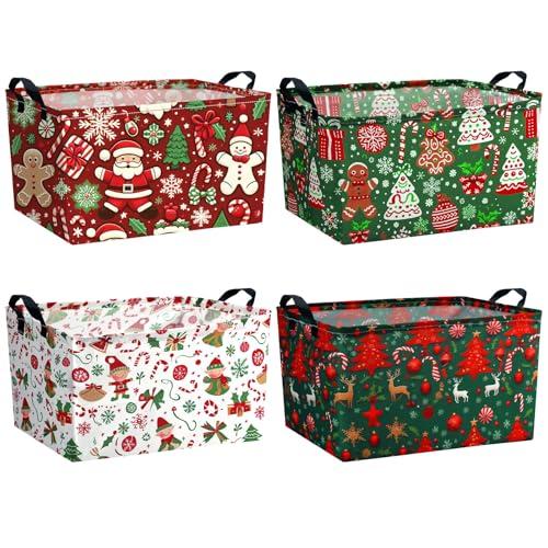 Bulyoou 4 Pack Christmas Storage Bin Collapsible Large Christmas Storage Baskets for Gifts Xmas Tree Canvas Laundry Basket Foldable Box with Handle for Office Home Bedroom Clothes Toys Holiday Decor