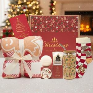 Cozy Christmas Gifts for Women - Unique Holiday Gift Basket with Soft Throw Blanket, Chic Glass Tumbler & Spa Set - Holiday Presents for Mom, Sister, Best Friend, Wife, Coworker