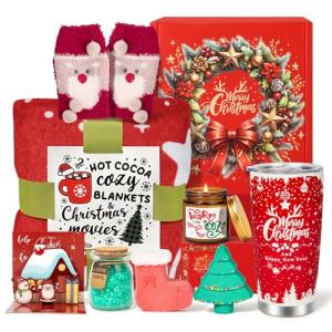 Munutix Christmas Gifts Basket for Women - Birthday Gifts for Mom, Wife, Sister, 8pc Spa Relaxation Set with Blanket, 20oz Tumbler, Gift for Women Who Have Everything