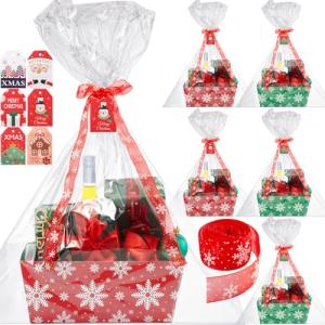 Cholemy 6 Sets 12 x 10 Inch Large Christmas Baskets for Gifts Empty Snowflakes Classic Empty Gift Baskets DIY Cardboard with Handles Xmas Cards Green Red Sturdy Box for Xmas Holiday Parties Gifts