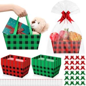 24Pcs Christmas Baskets For Gifts Empty Holiday Gift Basket with Plastic Bag and Pull Bow DIY Gift Package 9.8 x 6.5 x 4.3 Inch Cardboard Basket for Xmas Wrapping Supply(Red Green Black,Buffalo Style)