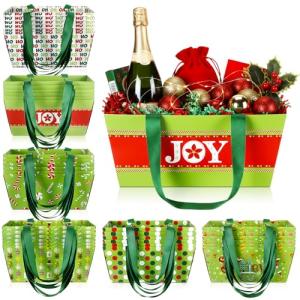 Glenmal 36 Pcs Christmas Gift Baskets Empty Kraft Christmas Paper Baskets Bulk with Handles 9.8 x 6.5 x 4.3 Inch Waterproof Reusable Gift Bag for Xmas Holiday Packaging Supply (Green Style,Emerald)