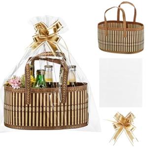 Reallnaive Baskets for Gifts Empty Sturdy Woven Bamboo Gift Basket with Gift Bags and Ribbons for Christmas Thanksgiving Birthday Mothers Day Housewarming Party Gift Wrapping, 12"x 8"x 6" (1 Set)
