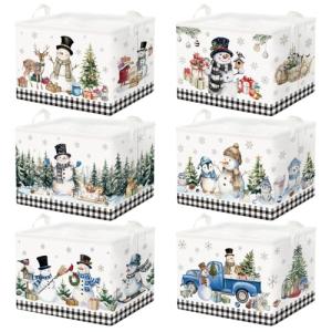 CHENGU 6 Pack Winter Storage Basket Collapsible Christmas Basket for Gifts Buffalo Plaid Holiday Decor Large Snowman Bin Foldable Xmas Tree Box with Handle for Bedroom Office Home