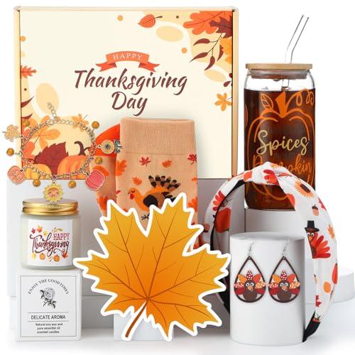 Daifunli 8 Pcs Thanksgiving Day Gifts Set for Women Happy Maple Leaf Gift Basket Includes 17oz Coffee Glass with Lid Straw Scented Candle Bracelet Hairband Socks Earrings Card Box