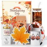 Daifunli 8 Pcs Thanksgiving Day Gifts Set for Women Happy Maple Leaf Gift Basket Includes 17oz Coffee Glass with Lid Straw Scented Candle Bracelet Hairband Socks Earrings Card Box