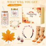 Daifunli 8 Pcs Thanksgiving Day Gifts Set for Women Happy Maple Leaf Gift Basket Includes 17oz Coffee Glass with Lid Straw Scented Candle Bracelet Hairband Socks Earrings Card Box
