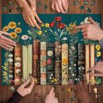 Vintage Wildflower Book Puzzles for Adults 1000 Pieces, Plant Floral Books Pages Jigsaw Puzzle, Retro Bookshelf Puzzles with Blossoming Wildflowers, Botanical Literary Theme Puzzle for Book Lovers