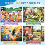 4 Packs 500 Piece Jigsaw Puzzles for Adults – Dog Puzzle, Puppy Garden, Hummingbird Flower Puzzle & Country Farm Landscape Adult Puzzles Set for Stress Relief, Family Activity, Gifts for Women Men