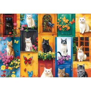 2000 Piece Puzzle for Adults, Colorful Cat-Themed Jigsaw with Adorable Cats, Bright Doors, Flowers & Butterflies, Fun and Challenging Puzzle Gift for Cat Lovers and Fans, 39" x 28"