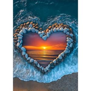 PICKFORU Beach Puzzles for Adults 1000 Piece, Ocean Heart Colorful Sunset Jigsaw Puzzle Scenic Scenery, Summer Marine Love Themed