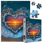 PICKFORU Beach Puzzles for Adults 1000 Piece, Ocean Heart Colorful Sunset Jigsaw Puzzle Scenic Scenery, Summer Marine Love Themed
