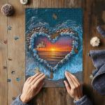 PICKFORU Beach Puzzles for Adults 1000 Piece, Ocean Heart Colorful Sunset Jigsaw Puzzle Scenic Scenery, Summer Marine Love Themed