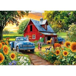 Country Farm 1000 Piece Jigsaw Puzzle for Adults, Vintage Red Barn with Blue Truck, Sunflower Garden Scene, Spring Puzzles for Adult Entertainment