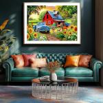 Country Farm 1000 Piece Jigsaw Puzzle for Adults, Vintage Red Barn with Blue Truck, Sunflower Garden Scene, Spring Puzzles for Adult Entertainment