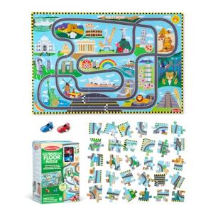 Melissa & Doug Race Around The World Tracks Cardboard Jigsaw Floor Puzzle and Wind-Up Vehicles (48 Pcs) for Preschoolers and Kids Ages 4+ - FSC Certified