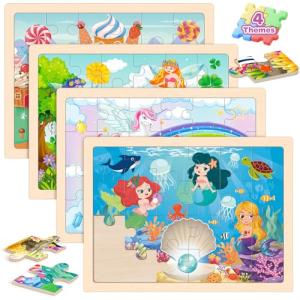 Puzzles for Kids Ages 4-6, 4 Packs Wooden Jigsaw Puzzles for Toddlers 2-4, Princess Unicorn Mermaid Fairy Preschool Educational Puzzles Boards Toys Gifts for Girls Boys 3 4 5 6