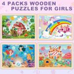 Puzzles for Kids Ages 4-6, 4 Packs Wooden Jigsaw Puzzles for Toddlers 2-4, Princess Unicorn Mermaid Fairy Preschool Educational Puzzles Boards Toys Gifts for Girls Boys 3 4 5 6
