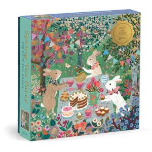 Galison Spring Tea Party – 500 Piece Foil Jigsaw Puzzle Featuring Beautiful Artwork of Rabbits Enjoying A Tea Party