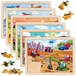 SYNARRY Wooden Vehicle Puzzles for Kids Ages 4-6, 6 Packs 60 PCs Jigsaw Puzzles Preschool Educational Toys Gifts for Children Ages 4-8, Kids Toys Gifts for 4+ Year Olds Boys Girls