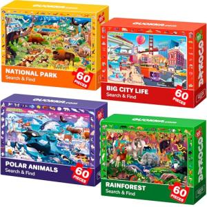 QUOKKA Puzzles for Kids Ages 4-6 - 4 x 60 Puzzles for Toddlers 5-8 - Educational Search & Find Toy for 8-10 yo for Learning Forest Polar, USA National Park Animals & City Life