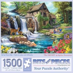 Bits and Pieces 1500 Piece Puzzles for Adults - Large 24" x 33" Large Jigsaw Puzzles 1500 Pieces Landscape River Waterfall, Random Die Cut, No 2 Pieces Alike, The Old Mill