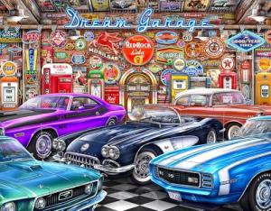 Springbok's Dream Garage 2000 Piece Puzzle for Adults is a Classic Car Lovers Dream Featuring Muscle Cars in a Classic Garage - Ribbon Cut Pieces