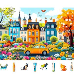Colorful City Street Jigsaw Puzzles for Adults 500 Pieces Spring Vintage Car and Flower Garden Scene Puzzle Family Challenging Funny Puzzle Perfect for Game Nights(21"x15")