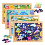 Wooden Puzzles for Toddler Ages 3+, 12 Piece Vehicle Farm Space Ocean Jigsaw Puzzles 4 Packs, Preschool Toddlers Learning Activity Puzzles Toys for Boys Girls 3 4 5 6 Years Old