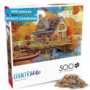 Buffalo Games - 500 Piece Jigsaw Puzzle Angelo Bonito Autumn Lake House, Made in USA, Premium Recycled Board, Full-Color Poster