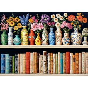 500 Piece Puzzle for Adults Puzzle, Beautiful Bookshelf Jigsaw Puzzle 500 Pieces, Flowers and Vase Jigsaw Puzzles for Adults Seniors, Fun Decor Challenging Family Games Holiday Party Gifts 20.5×15 in