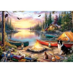 LUXDIVINA 2000 Piece Puzzle for Adults, Puzzles for Adults 2000 Pieces, Lakeside Camping Campfire Dog Cat Canoes Jigsaw Puzzles, Family Fun Puzzle Perfect for Game Nights, 39" X 28"