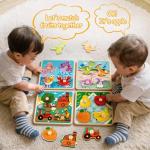 Funsland Wooden Toddler Puzzles - 4 Pcs Eco-Friendly Animal Patterns Jigsaw With Handles - Infant Kid Fine Motor Skill Learning Educational Montessori Toys for 1-3 Years Old