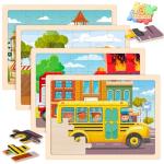 Puzzles for Kids Ages 4-6, 4 Packs 24 Pcs Wooden Jigsaw Puzzles for Toddlers Ages 2-4, Preschool Educational Vehicle Puzzle Toys Gifts for 3 4 5 6 Boys Girls