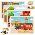 Puzzles for Kids Ages 4-6, 4 Packs 24 Pcs Wooden Jigsaw Puzzles for Toddlers Ages 2-4, Preschool Educational Vehicle Puzzle Toys Gifts for 3 4 5 6 Boys Girls