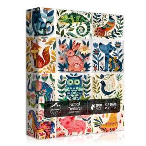 Animal Puzzles for Adults 1000 Pieces, Nature Puzzle Feature Dog Cat Bird Owl Chicken Elephant Horse Fox, Garden Flower Plant Abstract Jigsaw Puzzle Paper Cut Collage