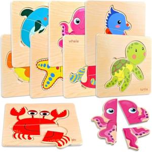 Faburo 8pcs Wooden Puzzles for Toddlers 1-3, Toddler Puzzles Ages 2-4, Montessori Toys for 1-3+ Years Girl Boy, Sea Animal Puzzle for Kids, Jigsaw Puzzle Educational Toys Preschool for 1-4
