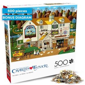 Buffalo Games – Charles Wysocki The Farm 500 Piece Jigsaw Puzzle for Adults -Challenging Puzzle Perfect for Game Nights - Finished Size is 21.25 x 15.00 – Precision-Cut Pieces, Beautiful Artwork
