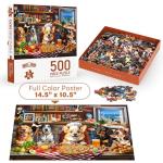 BenBen Puzzles for Adults 500 Pieces, Dogs' Dinner Party, Dog Jigsaw Puzzle with Letters on Back, Funny Animal Puzzle, Challenging Puzzles for Family Game Night, Home Décor