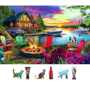 Lakeside Cabin Sunset 500 Piece Jigsaw Puzzle for Adults, Seniors & Family - Summer Relaxing Puzzle with Chairs, Boats & Bonfire Pit - Scenic Forest Lake View Puzzle Art 23x15 Inch