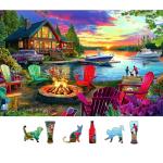 Lakeside Cabin Sunset 500 Piece Jigsaw Puzzle for Adults, Seniors & Family - Summer Relaxing Puzzle with Chairs, Boats & Bonfire Pit - Scenic Forest Lake View Puzzle Art 23x15 Inch