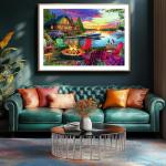 Lakeside Cabin Sunset 500 Piece Jigsaw Puzzle for Adults, Seniors & Family - Summer Relaxing Puzzle with Chairs, Boats & Bonfire Pit - Scenic Forest Lake View Puzzle Art 23x15 Inch