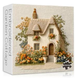 Embroidered Cottage Puzzle for Adults 1000 Pieces, Flower Garden Countryside Puzzle Cottage, Cozy Vintage Cottagecore Floral Art Jigsaw Puzzle, Retro Home Wall Decor