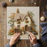Embroidered Cottage Puzzle for Adults 1000 Pieces, Flower Garden Countryside Puzzle Cottage, Cozy Vintage Cottagecore Floral Art Jigsaw Puzzle, Retro Home Wall Decor