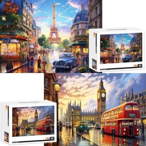 2 Pack Puzzles for Adults 1000 Pieces-Big Ben and Eiffel Tower Difficult Jigsaw Puzzles for Adults,Hard Jigsaw Puzzle Decorations DIY Leisure Game Toy Suitable Family Friends(27.5x20 inches)