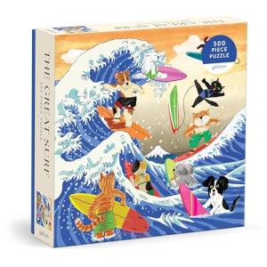 Galison The Great Surf – 500 Piece Jigsaw Puzzle Featuring Beautiful Artwork of Cats and Dogs Surfing Waves